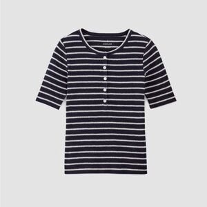 Everlane Striped Ribbed Henley Short Sleeve Top Navy White XS